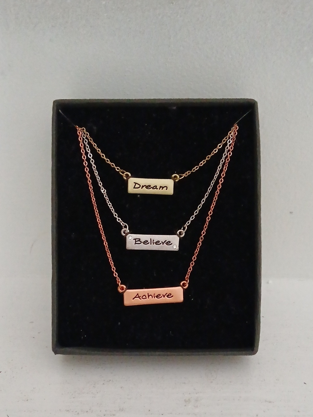 Layered 'Dream Believe Achieve' Bar Necklace Set - Gold, Silver, Rose Gold